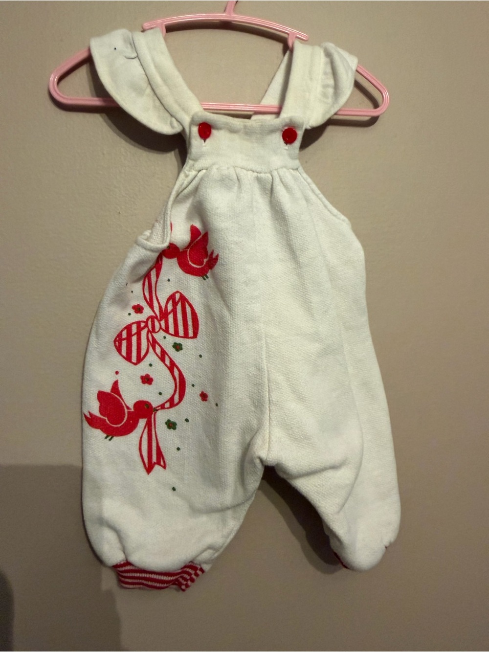 Vintage White Infant Overalls with Red Bird & Bow Print